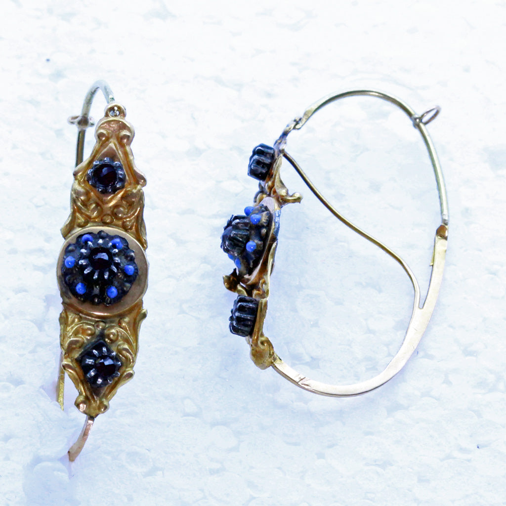 Antique Georgian Poissarde Earrings 18k Gold Garnet Enamel (3372)