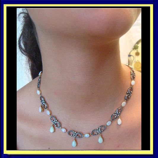 antique Victorian opal diamond necklace gold