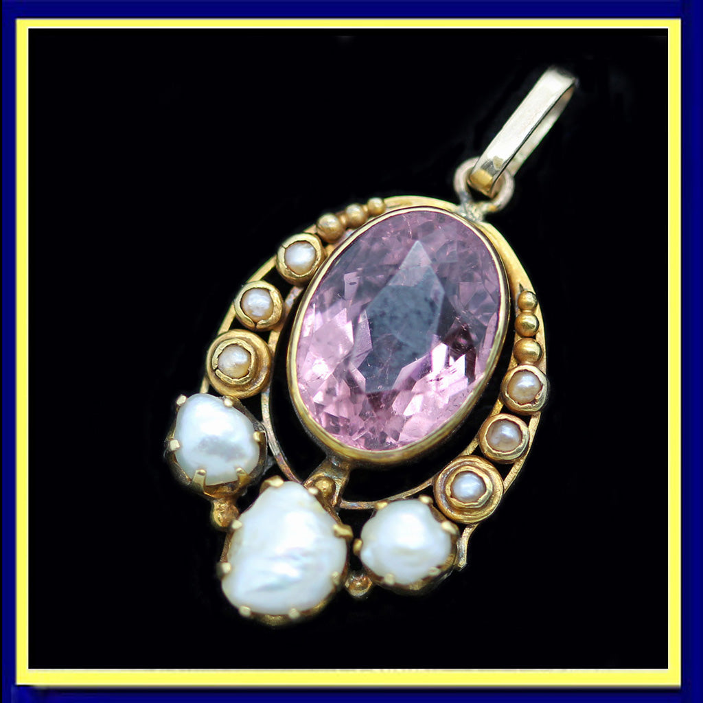 pendant antique Arts Crafts gold pink tourmaline pearl baroque pearl