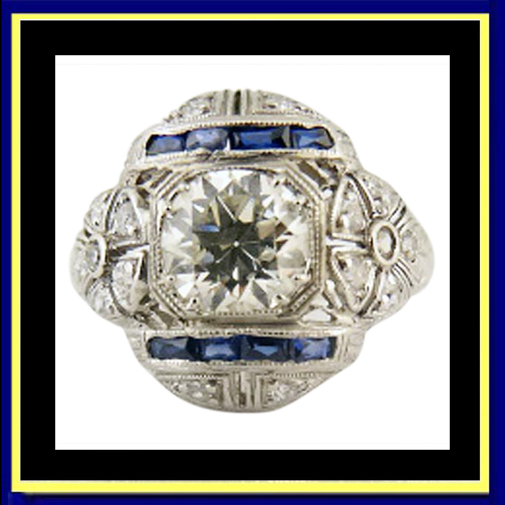 Engagement wedding ring Art Deco diamonds platinum sapphires