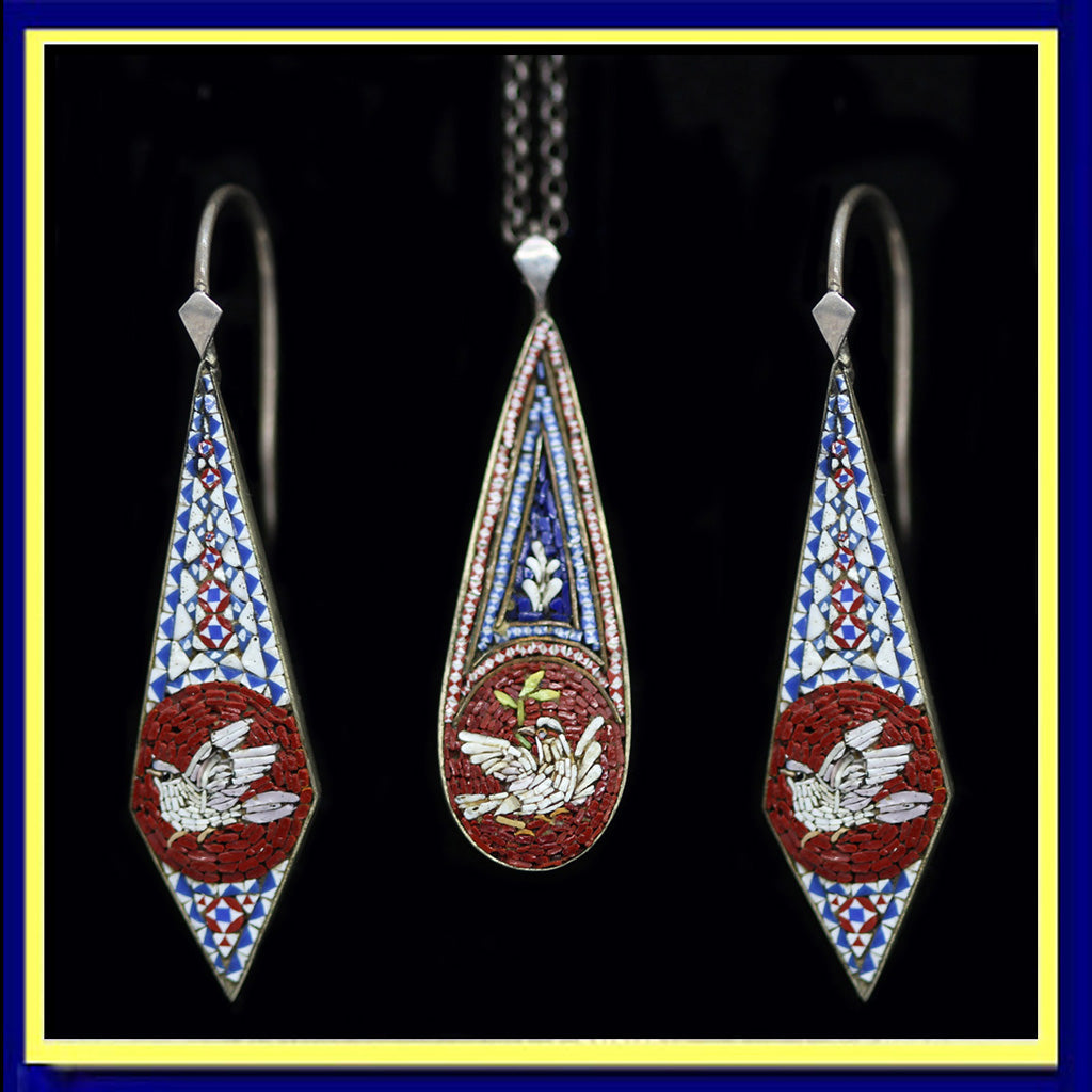 antique Victorian micro mosaic earrings pendant micromosaic doves set