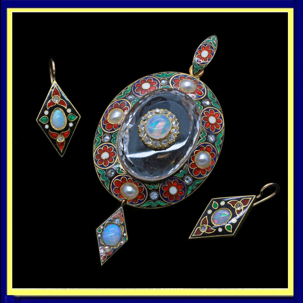 Holbeinesque Antique Victorian Jewelry Set Pendant Earrings Gold Diamond Opal Pearl Enamel (4877)