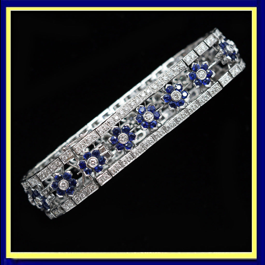 Vintage Bracelet White Gold Diamonds Sapphire Diamond Flowers w appraisal (5778)