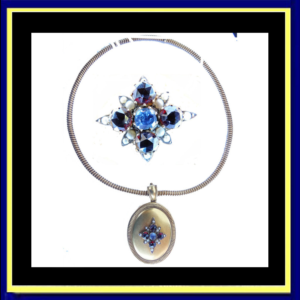 Antique Victorian necklace pendant locket gold garnet sapphire pearl