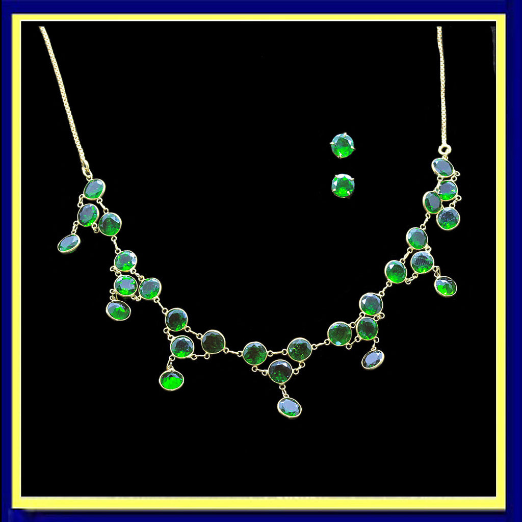 Natural Diopside Green Gem Gold Necklace Earrings Ear Stud Set Modern (5587)