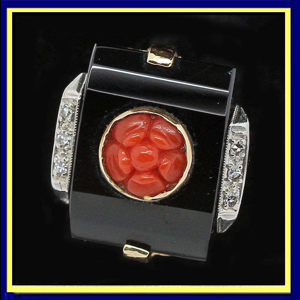 antique vintage art deco ring diamonds onyx coral gold
