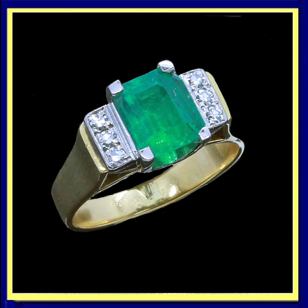 vintage art deco ring emerald diamonds gold platinum Unisex