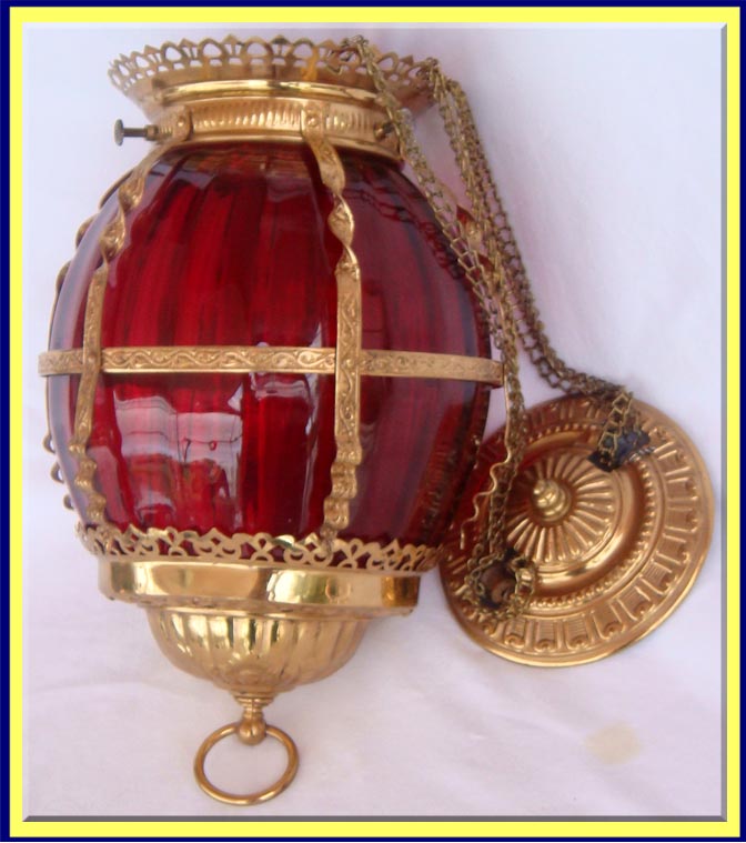 Antique Cranberry Ruby Glass Hanging Hall Lamp Brass (3652)