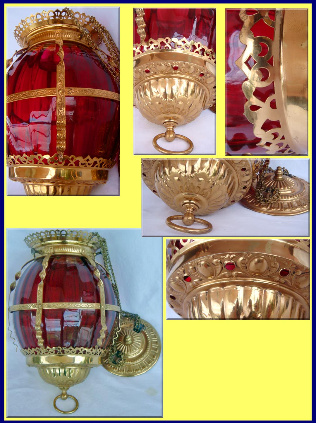Antique Cranberry Ruby Glass Hanging Hall Lamp Brass (3652)