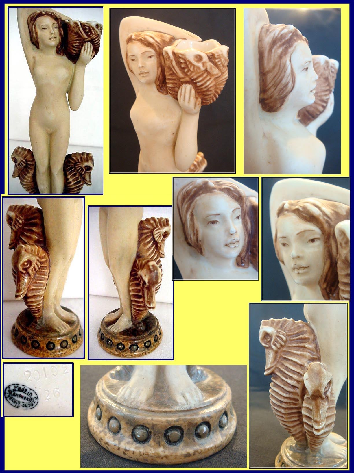 Antique Amphora Ceramic Figurine Nude Seahorse Pelicans (2138)