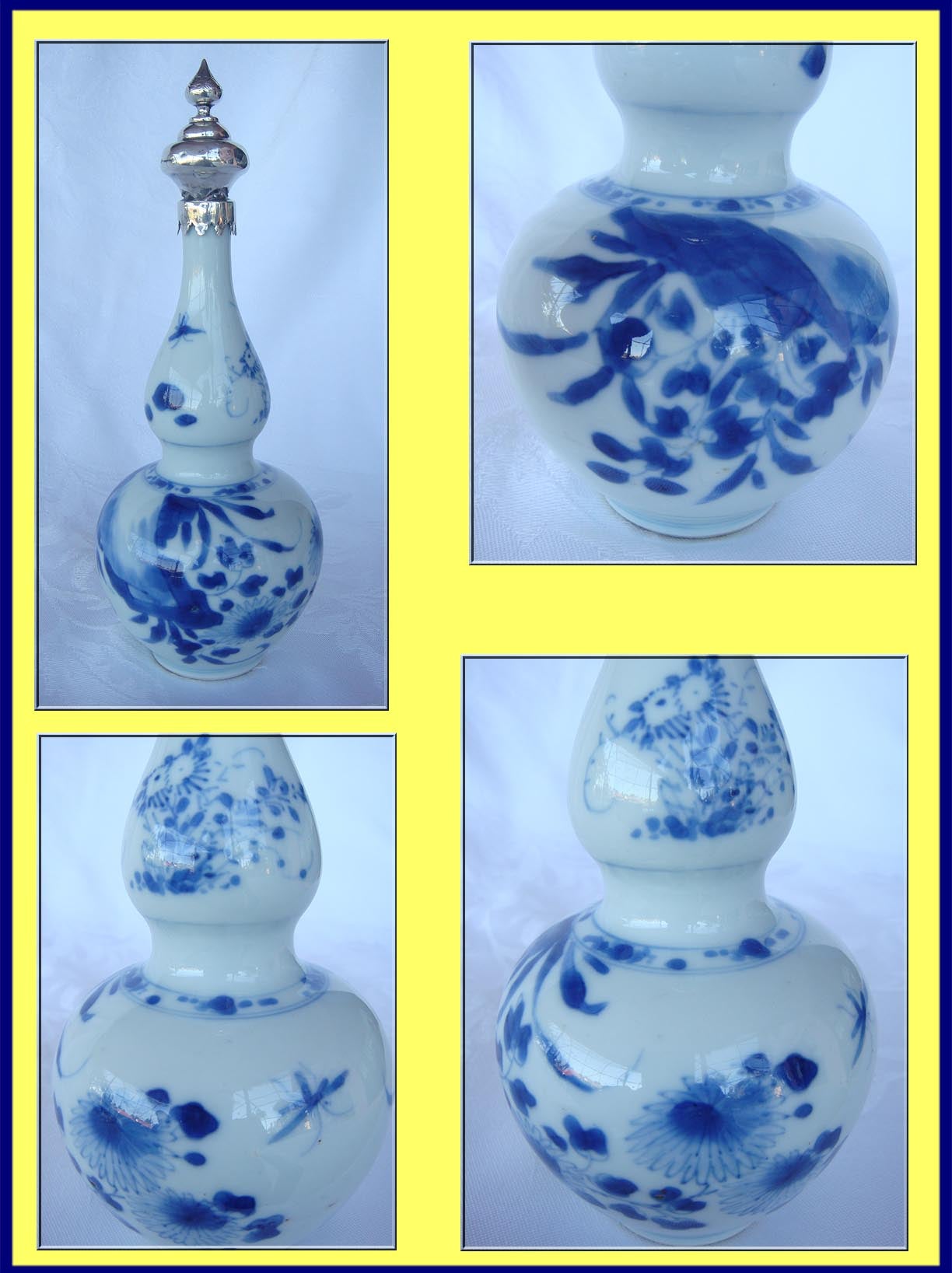 Antique Chinese Double Gourd Porcelain Vase w Dutch Silver Mount(4048)
