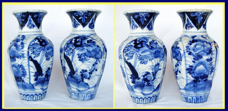 Antique Pair Japanese Ceramic Vases Blue White Botanic (4636)