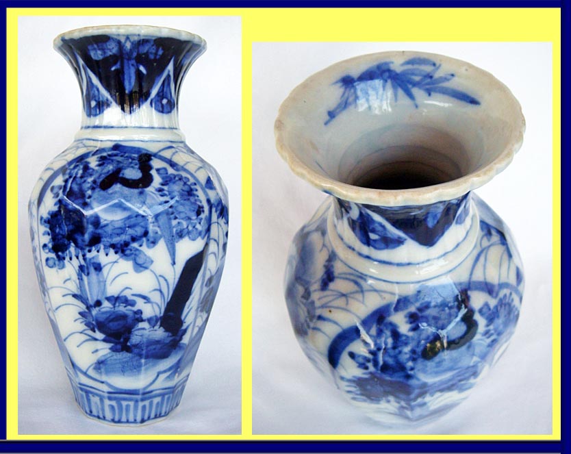 antique pair Japanese ceramic vases blue white botanic