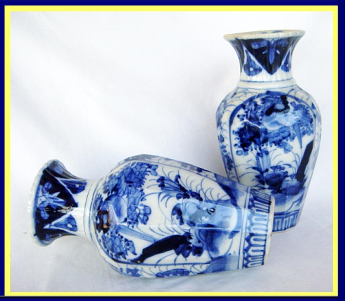 Antique Pair Japanese Ceramic Vases Blue White Botanic (4636)
