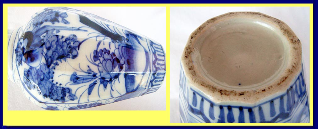 Antique Pair Japanese Ceramic Vases Blue White Botanic (4636)