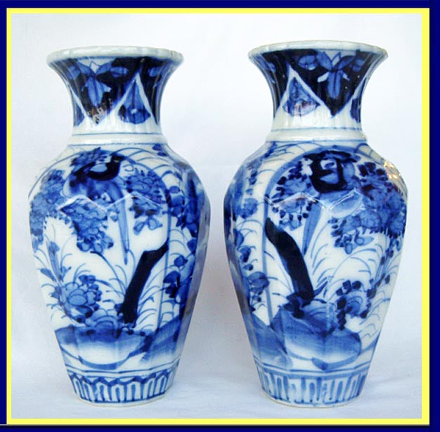 Antique Pair Japanese Ceramic Vases Blue White Botanic (4636)