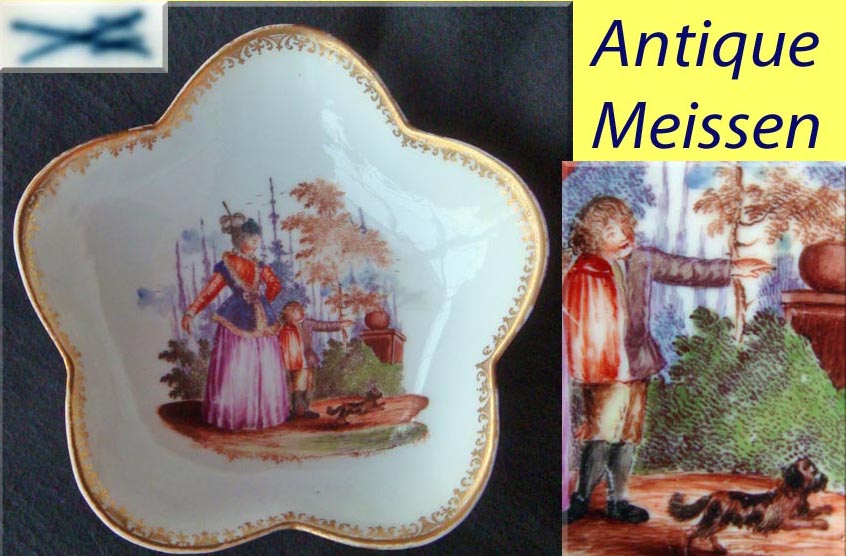 antique Meissen porcelain bowl mother child dog garden