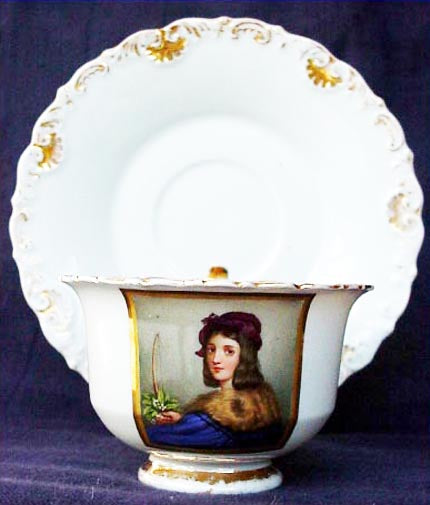 Antique early Meissen porcelain cup saucer hand painted portrait c1820 (1197)