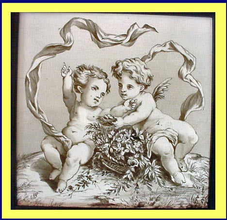 antique Victorian Minton tile cherubs putti flowers