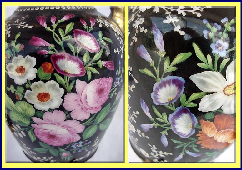 Antique Paris Sevres Pair black vases handpainted flowers (1068)