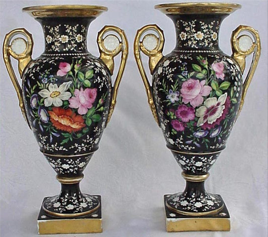 antique Paris Sevres Pair black vases handpainted flowers