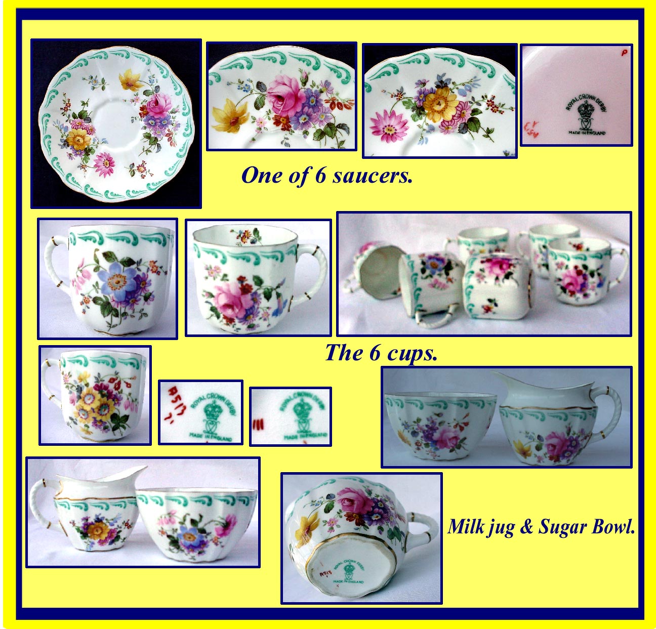 ROYAL CROWN DERBY Porcelain PART TEA SET FOR 6 FLORAL (ID:1145)
