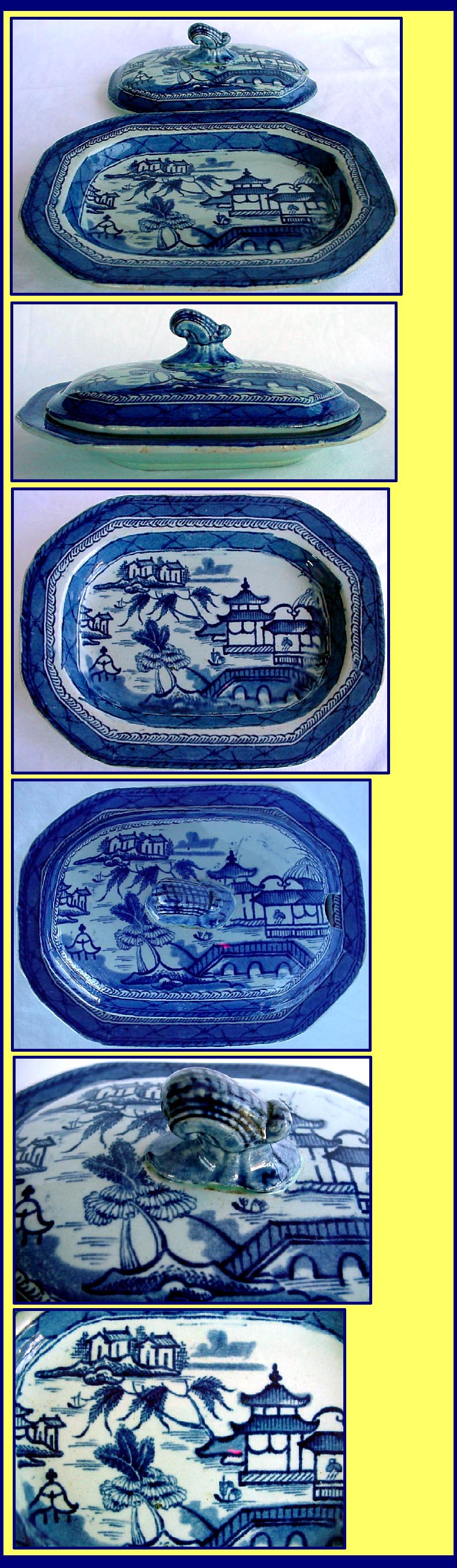Victorian Staffordshire Blue White Ceramic Butter Dish