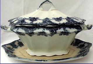 FLOW BLUE TUREEN WITH DEEP UNDER TRAY STAND (1244)