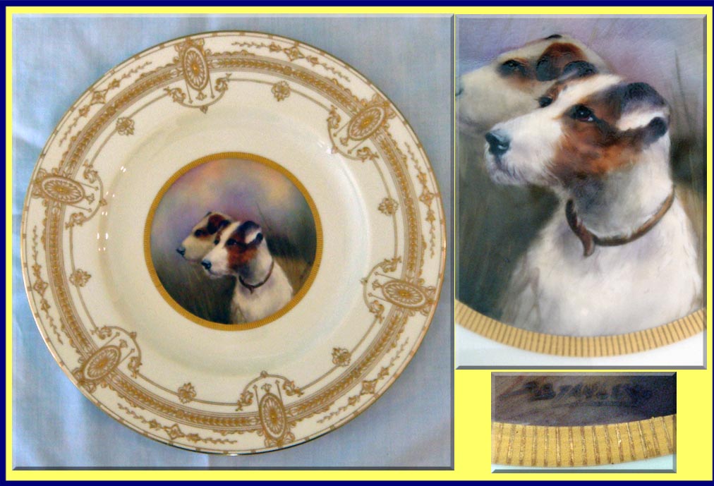 antique Royal Worcester plate painting dog gilding signed Stanley