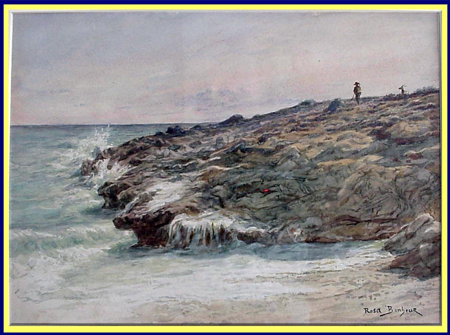 Rosa Bonheur painting seascape signed watercolor hiker on cliff