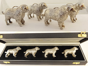Antique Sterling Silver Card Menu Holders Dog Labrador Retriever Boxed Set(ID:5509)