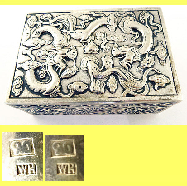antique Chinese export silver box humidor Wang Hing dragons bamboo
