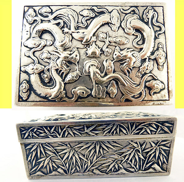 Antique Chinese Export Silver Box Humidor Wang Hing Dragons Bamboo (5572)