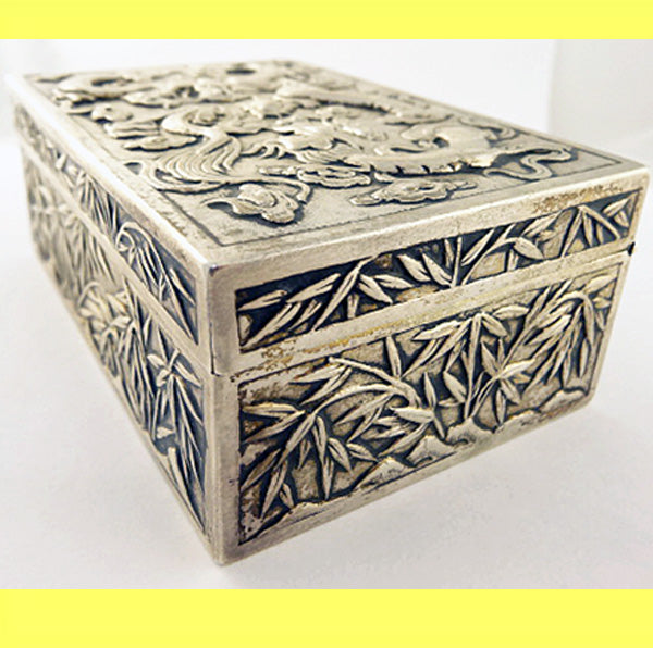 Antique Chinese Export Silver Box Humidor Wang Hing Dragons Bamboo (5572)