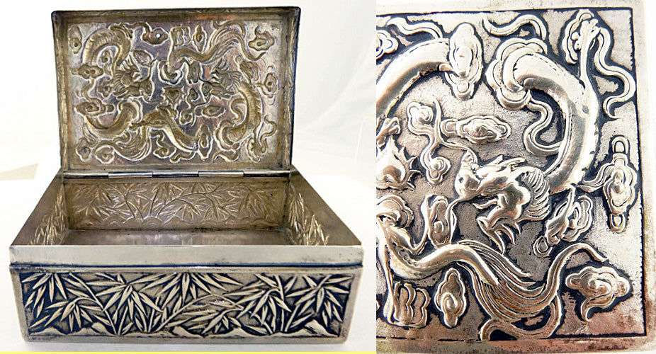Antique Chinese Export Silver Box Humidor Wang Hing Dragons Bamboo (5572)