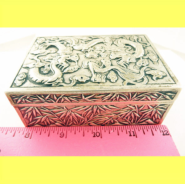 Antique Chinese Export Silver Box Humidor Wang Hing Dragons Bamboo (5572)