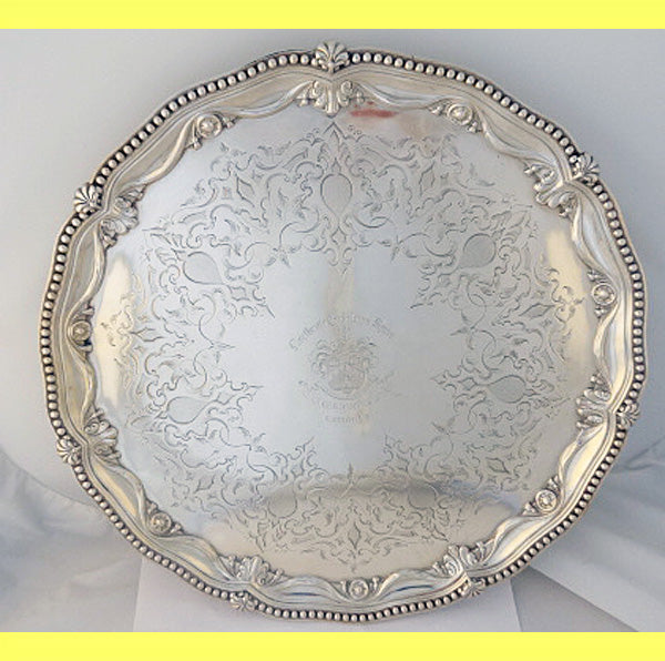 Antique Victorian Sterling Silver Footed Tray J&J Angell London Armorial (5285)