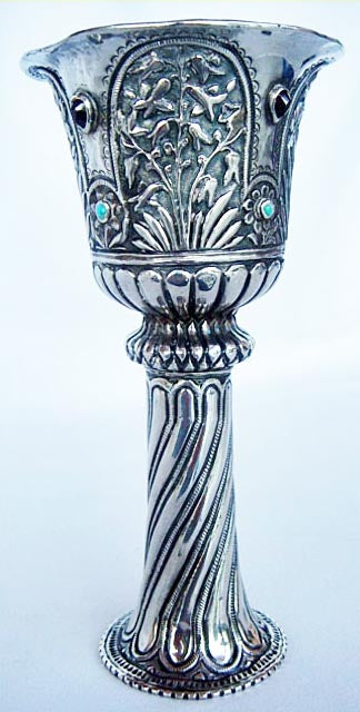 Antique Sterling Silver Chalice Kiddush Cup Set Garnets Turquoise (4432)