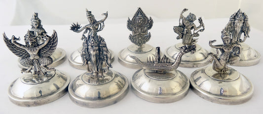 antique place card menu holders sterling silver Siam Hindu figures
