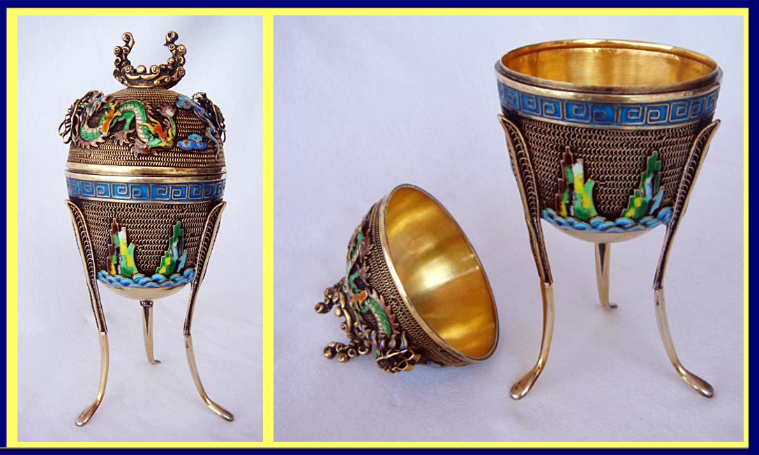 Vintage Chinese Silver Enamel Ting 3-legged Cup w Lid (4619)