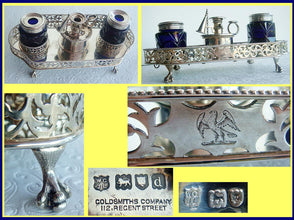 Antique Sterling Silver, Cobalt Glass Desk set Goldsmiths & Silversmiths Co. (4901)