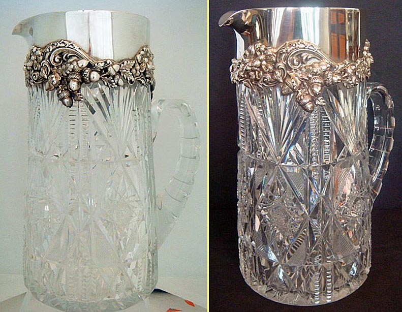 Antique Cut Glass Sterling Silver Pitcher Jug Bailey Banks & Biddle Acorn (5026)