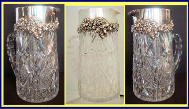 Antique Cut Glass Sterling Silver Pitcher Jug Bailey Banks & Biddle Acorn (5026)