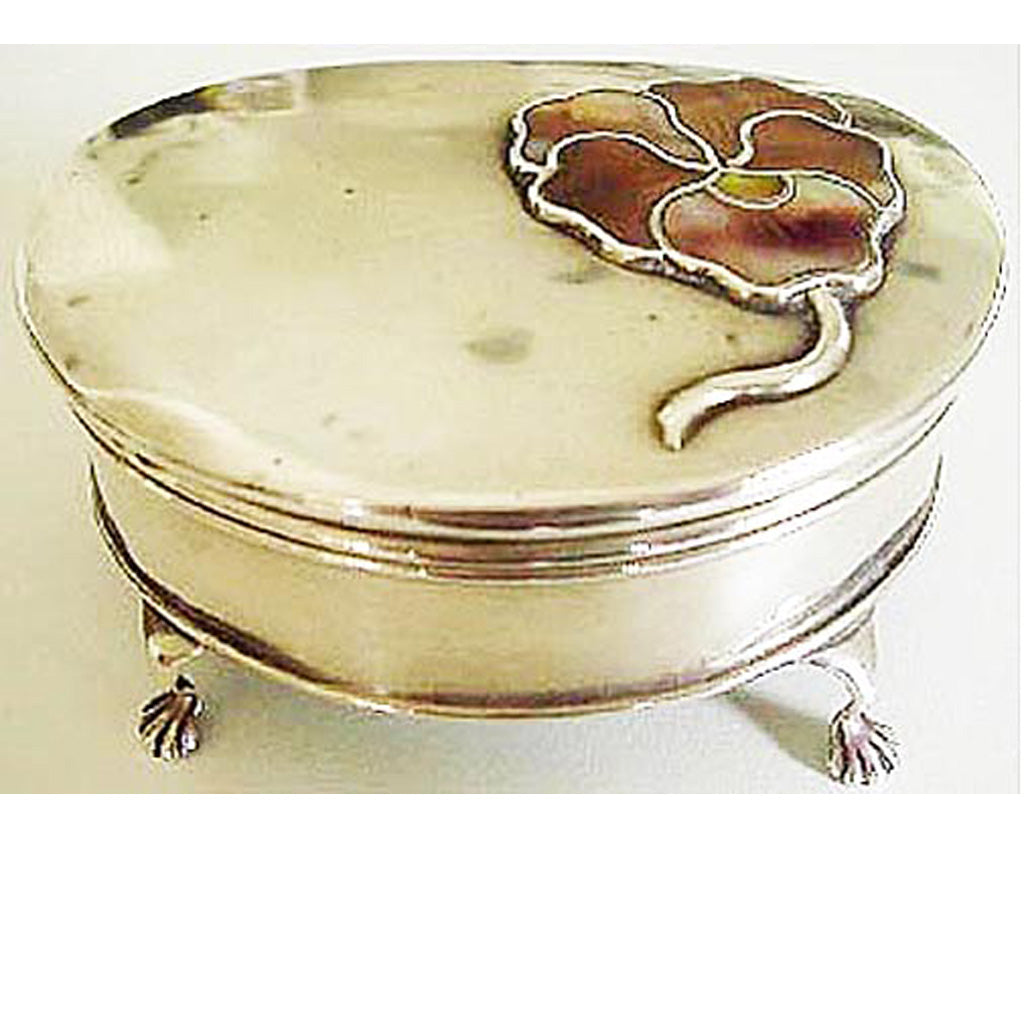 Antique Victorian Jewelry Trinket Box Sterling Silver Mother of Pearl Pansy (715)