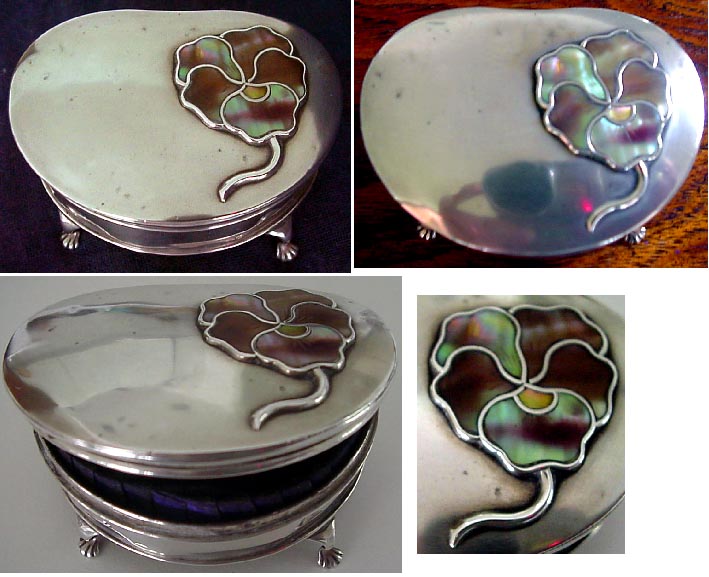 Antique Victorian Jewelry Trinket Box Sterling Silver Mother of Pearl Pansy (715)