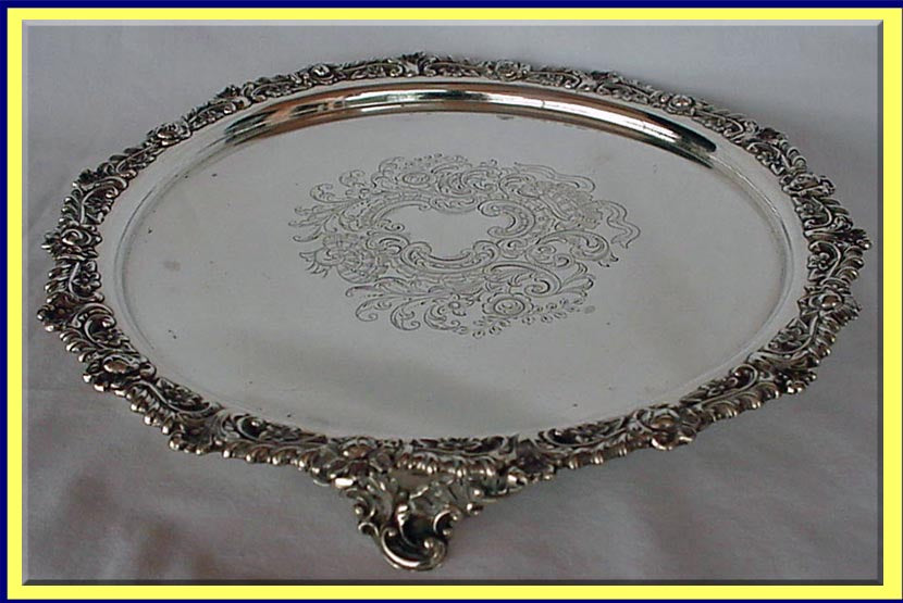 antique Victorian sterling silver repousse engraved salver tray