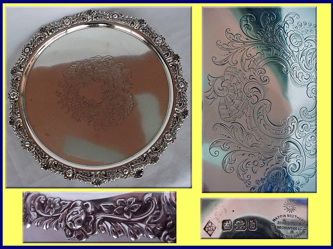 Antique Victorian Sterling Silver Repousse Engraved Salver Tray (3311)