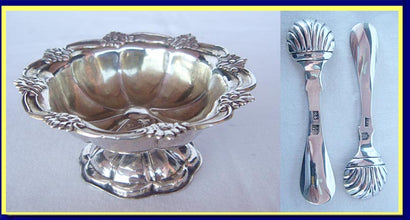 Antique Imperial Russian Silver Salt Dish W 2 Salt Caviar Spoons Scoops  (4305)
