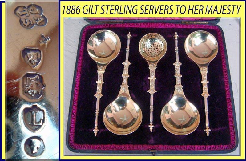antique Victorian sterling silver fruit serving set gilt in box
