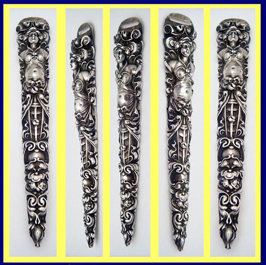 Unger Bros Sterling Silver Etui Bodkin Case Antique Nouveau figural sewing (5092)
